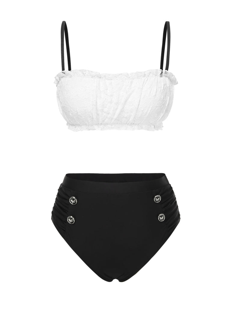 Ensemble bikini en dentelle colorblock noir et blanc années 1930