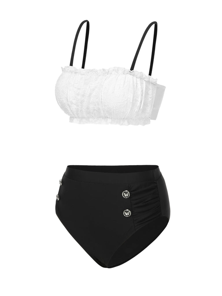 Ensemble bikini en dentelle colorblock noir et blanc années 1930
