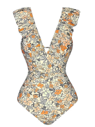 Maillot de bain multicolore à volants floraux et dos creux des années 1950