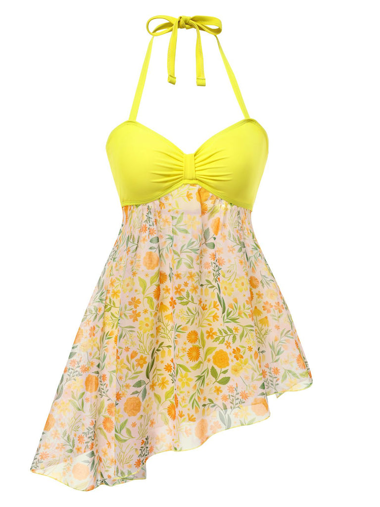 [Prévente] Maillot de bain jaune dos nu patchwork floral des années 1960