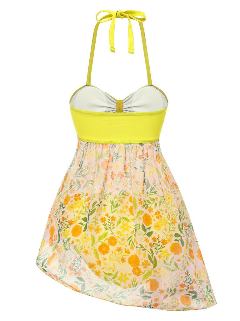 [Prévente] Maillot de bain jaune dos nu patchwork floral des années 1960