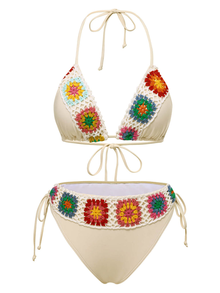 Ensemble bikini dos nu à lacets crochet bohème des années 1950