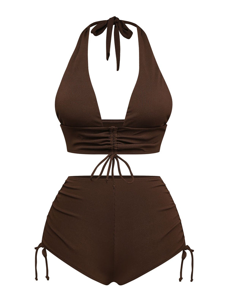 Ensemble bikini marron uni col V profond à lacets dos nu  années 1950