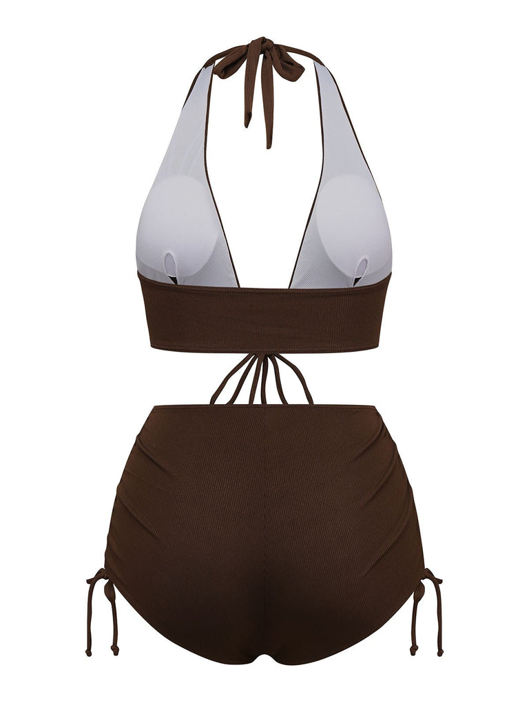 Ensemble bikini marron uni col V profond à lacets dos nu  années 1950