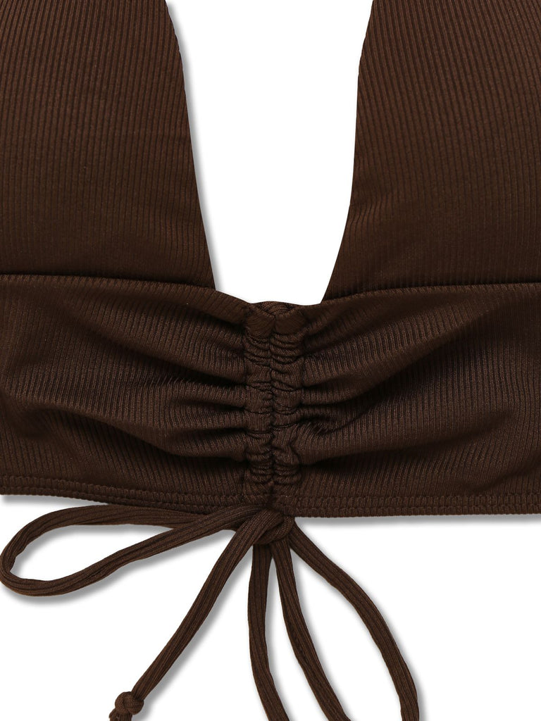 Ensemble bikini marron uni col V profond à lacets dos nu  années 1950