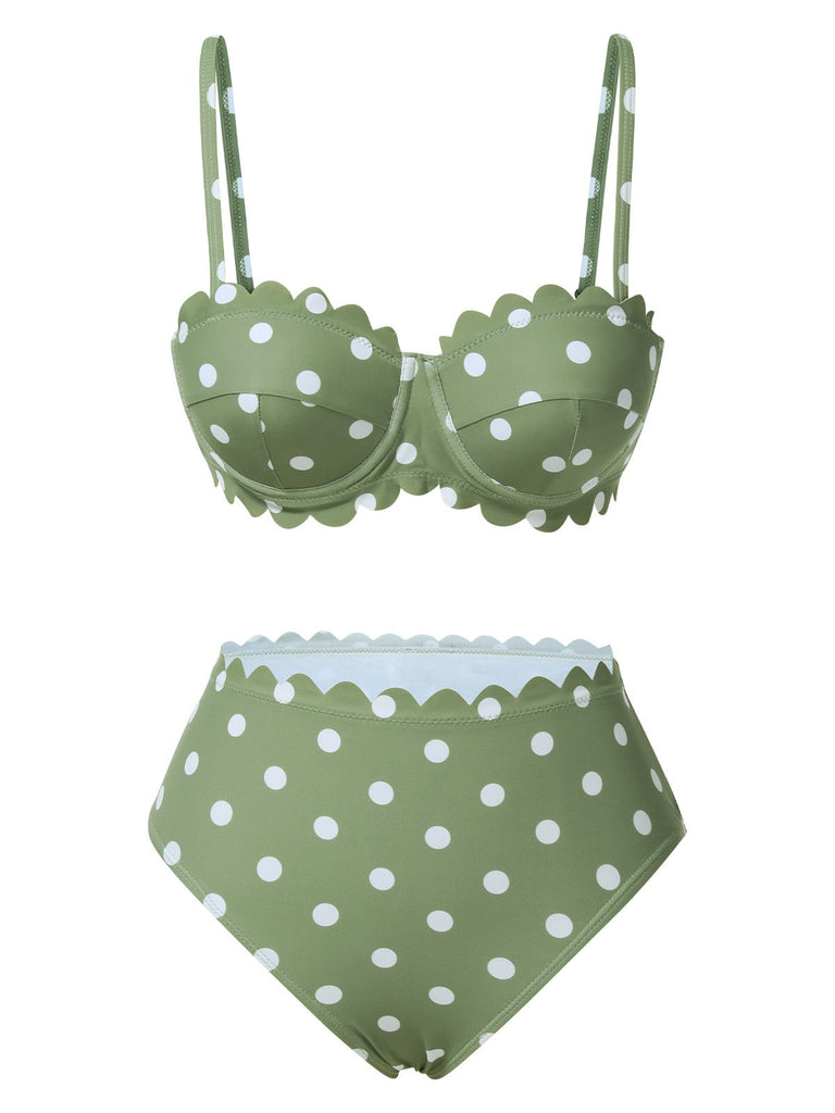 Bikini vert à pois et bordures pétales des années 1940