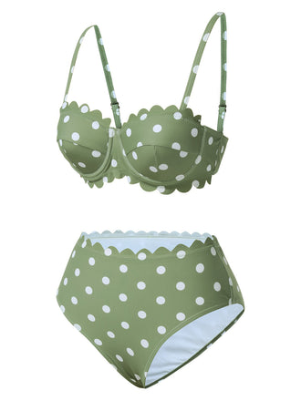 Bikini vert à pois et bordures pétales des années 1940