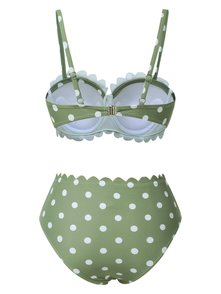 Bikini vert à pois et bordures pétales des années 1940