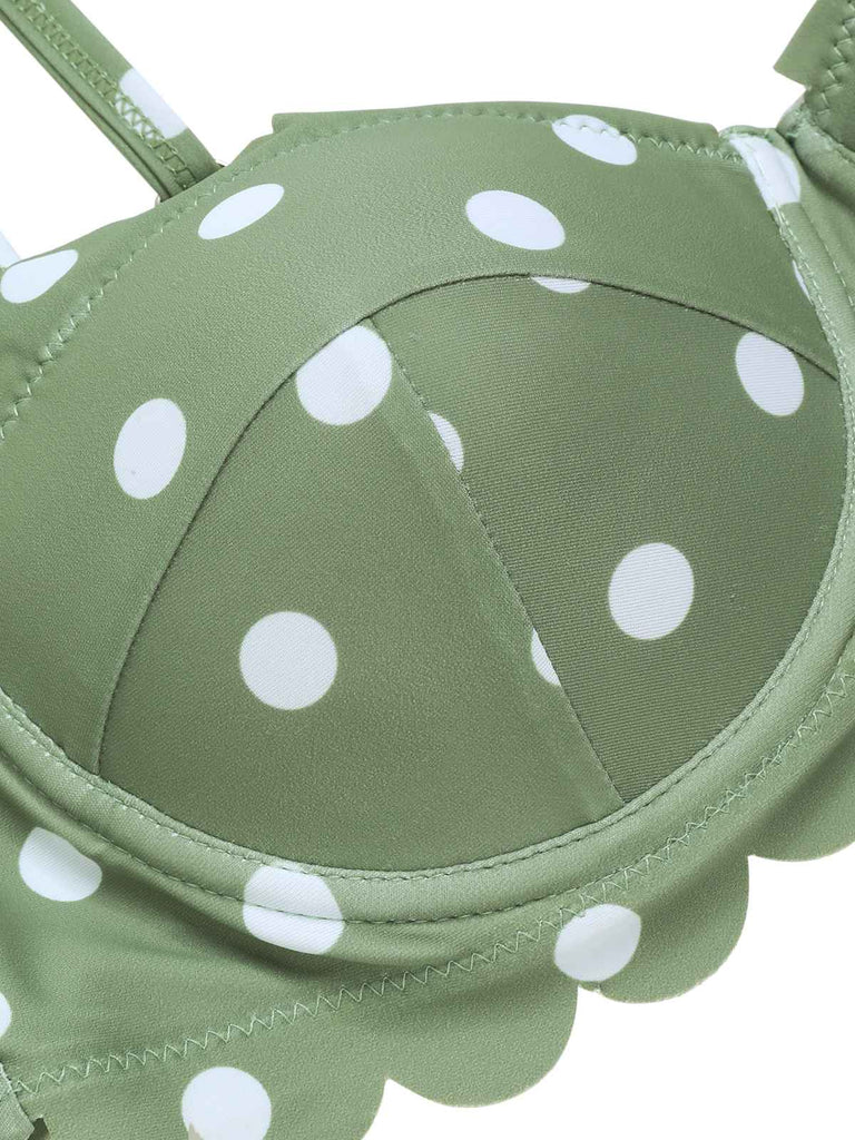 Bikini vert à pois et bordures pétales des années 1940