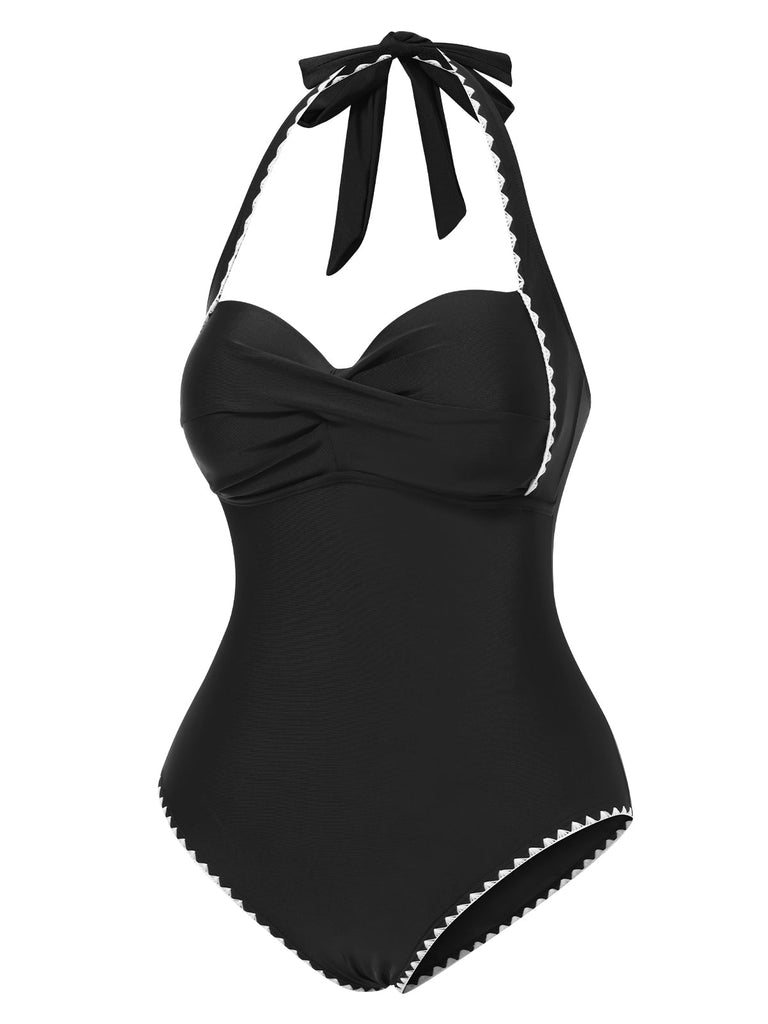 Maillot de bain une pièce noir à dos nu bordure festonnée années 1950