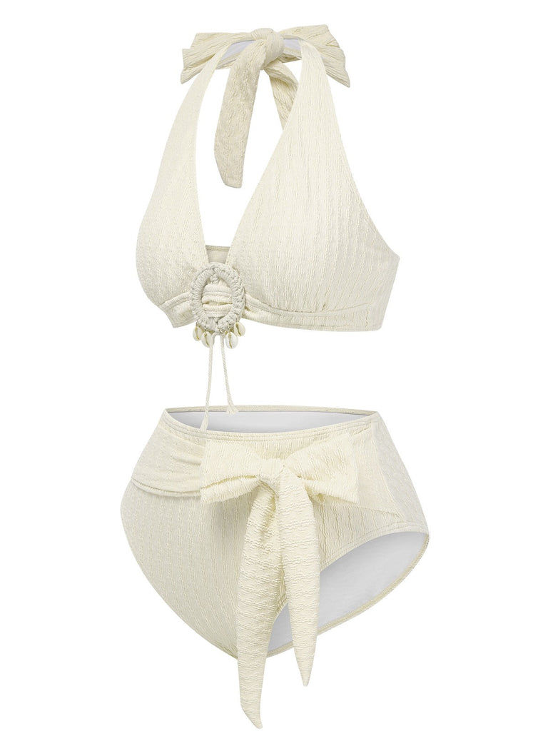 Maillot de bain licou texturé à col V profond des années 1950