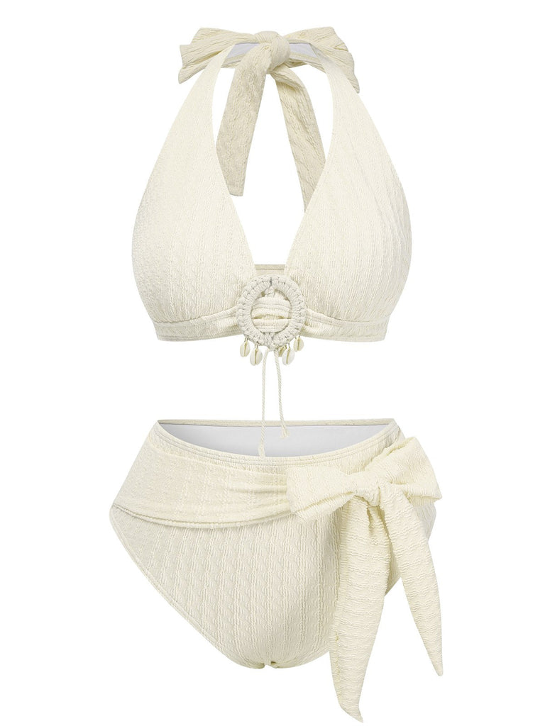 Maillot de bain licou texturé à col V profond des années 1950