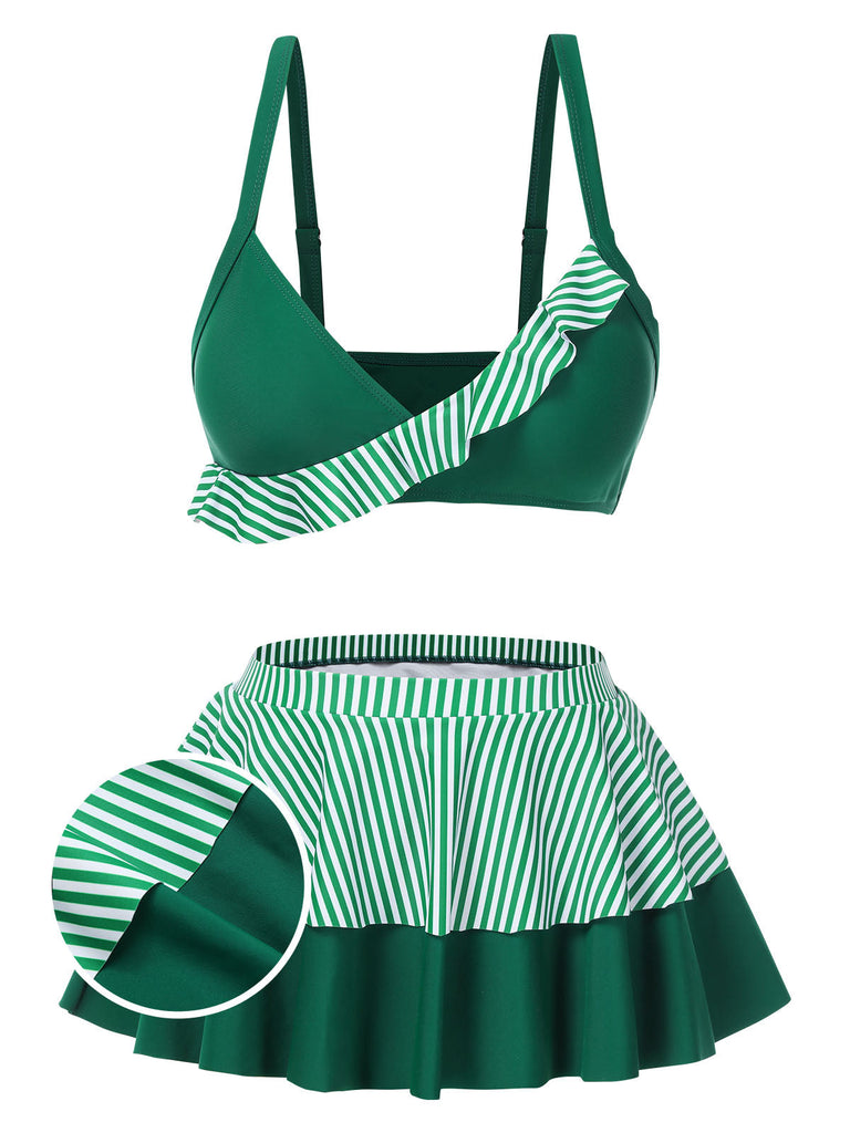 [Prévente] Maillot de bain jupe rayures vertes patchwork à volants années 1940