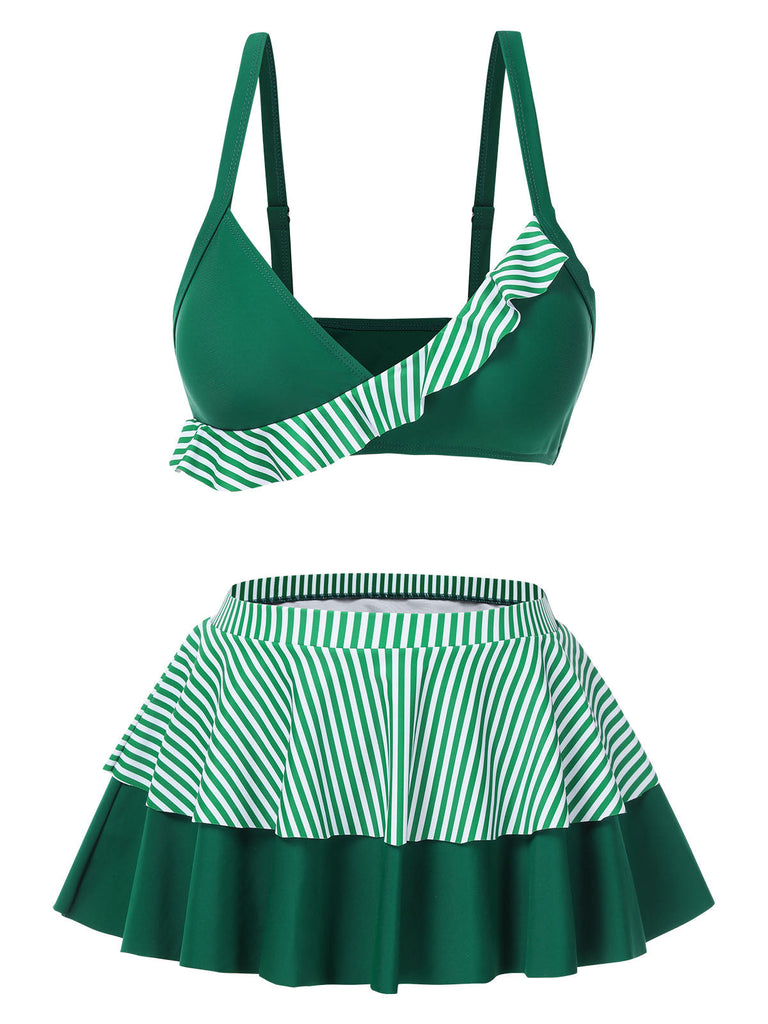 [Prévente] Maillot de bain jupe rayures vertes patchwork à volants années 1940