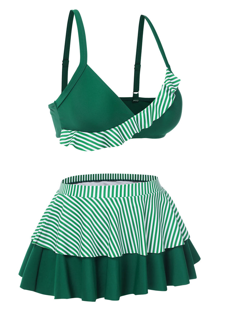[Prévente] Maillot de bain jupe rayures vertes patchwork à volants années 1940