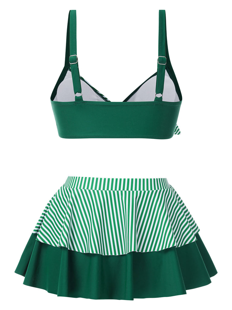 [Prévente] Maillot de bain jupe rayures vertes patchwork à volants années 1940