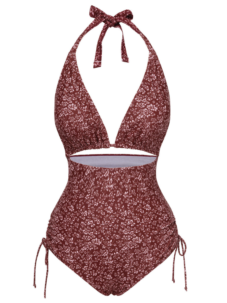 [Prévente] Maillot de bain une pièce marron motif floral bohème années 1970