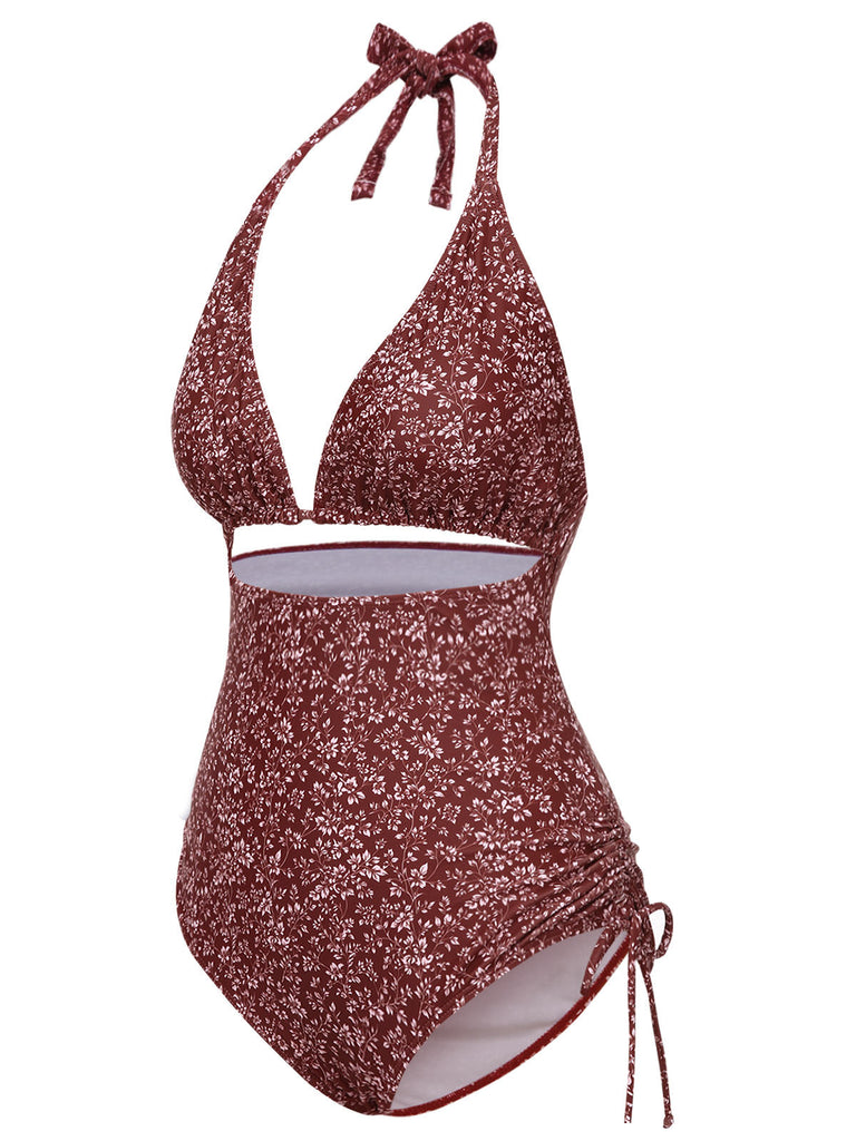 [Prévente] Maillot de bain une pièce marron motif floral bohème années 1970