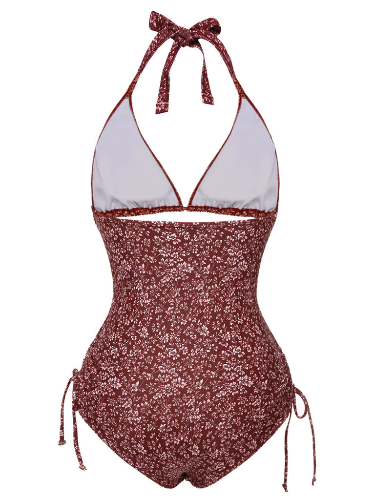 [Prévente] Maillot de bain une pièce marron motif floral bohème années 1970