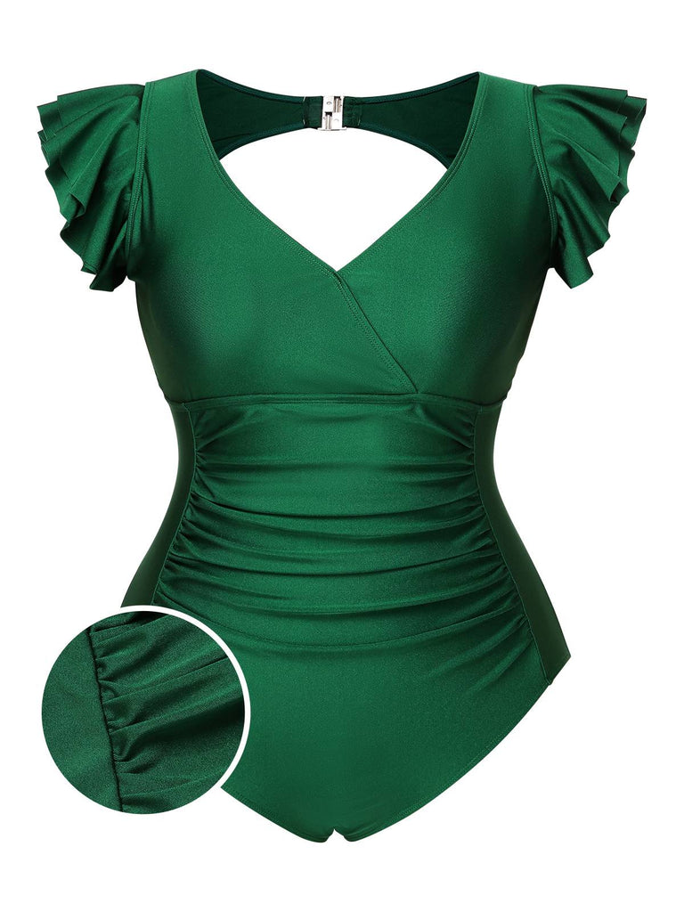 [Prévente] [Grande Taille] Maillot de bain vert manches volantées et dos creux années 1930