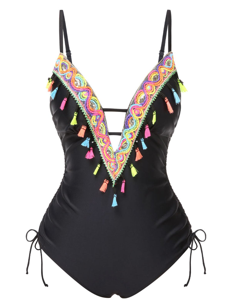 Maillot de bain noir à bretelles brodées de pompons années 1970