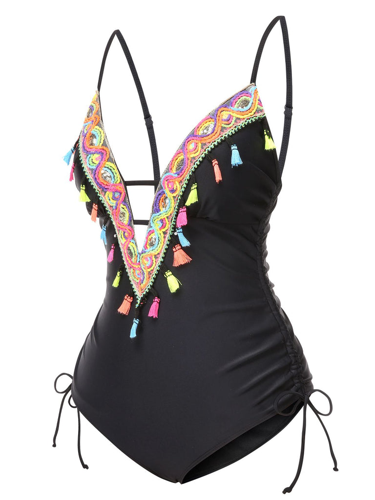 Maillot de bain noir à bretelles brodées de pompons années 1970