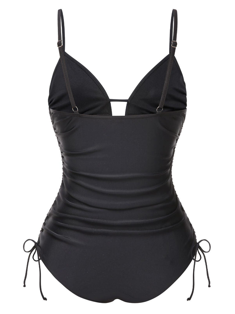 Maillot de bain noir à bretelles brodées de pompons années 1970