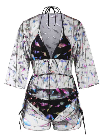 Ensemble bikini noir à lacets avec cache-maillot motif plumes des années 1940