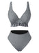 Ensemble bikini noir à carreaux col V profond à volants années 1950