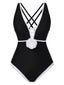 Maillot de bain une pièce noir patchwork de fleurs 3D des années 1950