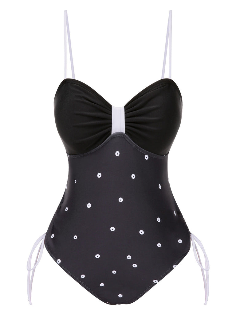 Maillot de bain noir à pois avec nœud papillon des années 1950