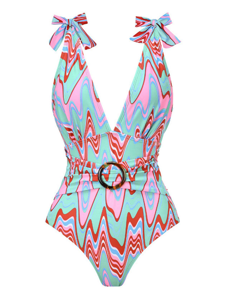 Maillot de bain col V profond chevrons psychédéliques années 1970