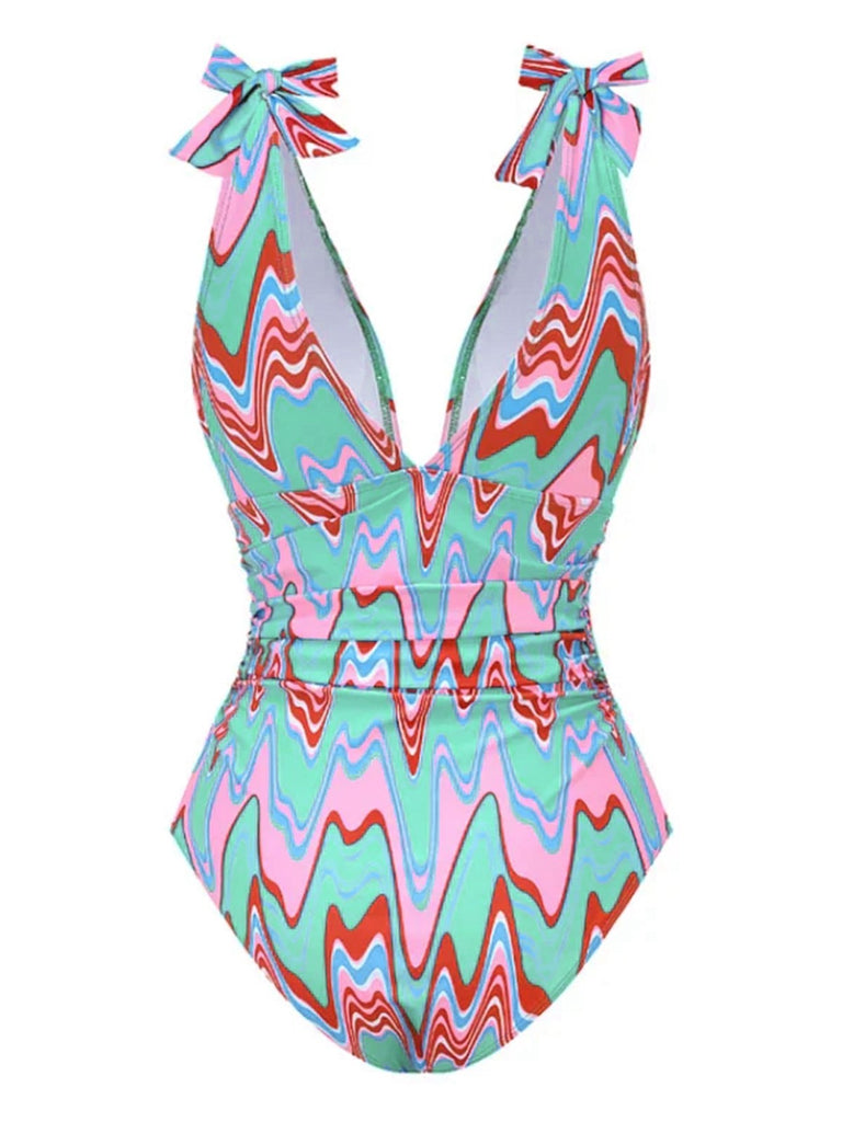 Maillot de bain col V profond chevrons psychédéliques années 1970