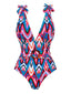 Maillot de bain col V profond chevrons psychédéliques années 1970