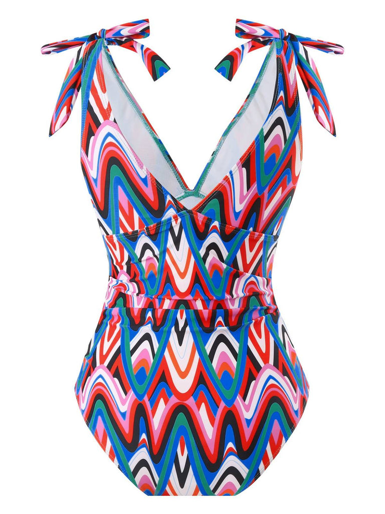 Maillot de bain col V profond chevrons psychédéliques années 1970