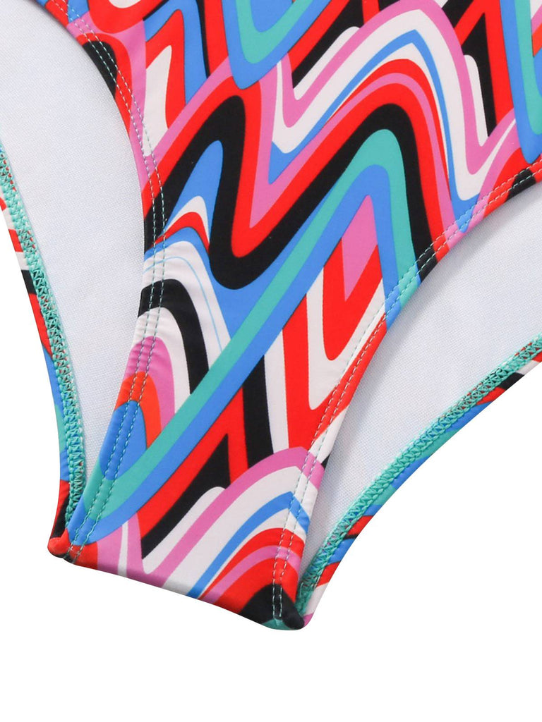 Maillot de bain col V profond chevrons psychédéliques années 1970