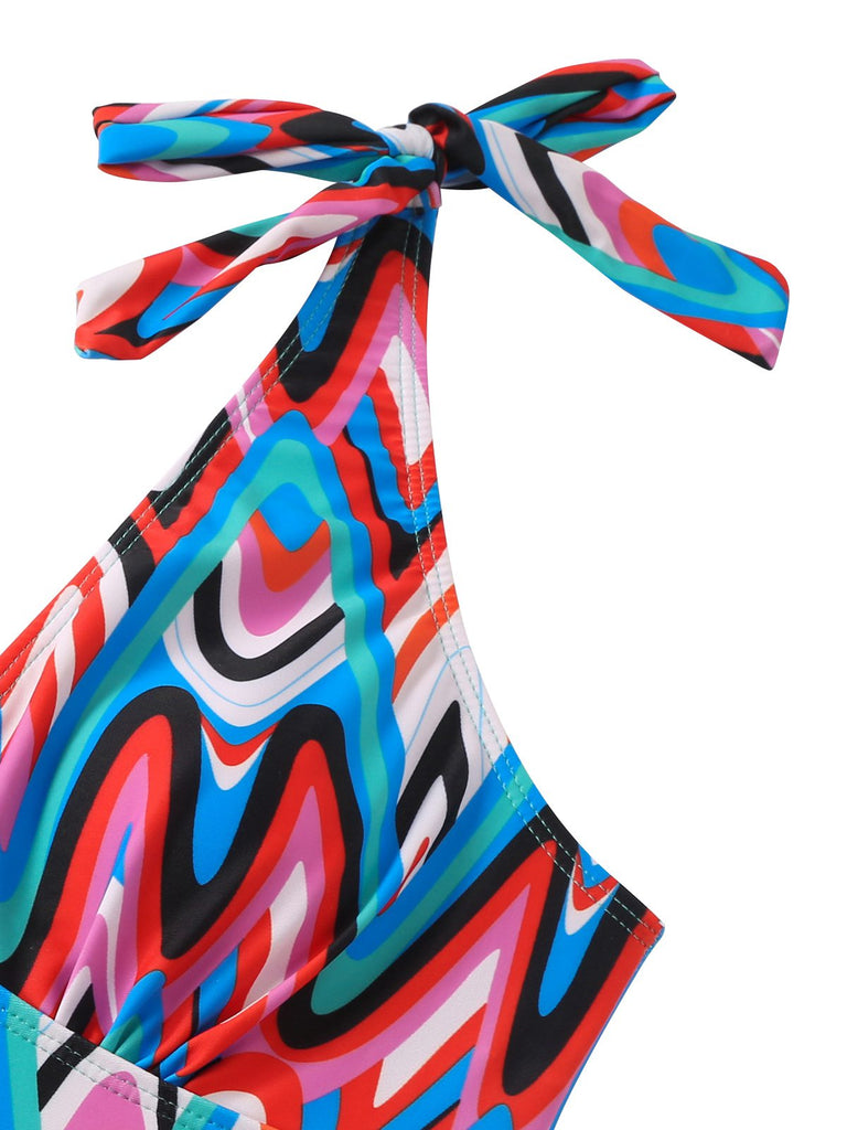 Maillot de bain col V profond chevrons psychédéliques années 1970