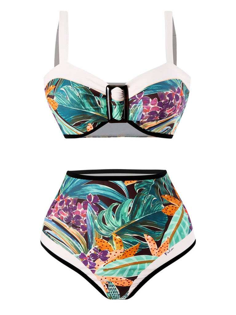 Bikini à bretelles larges motif plantes des années 1940