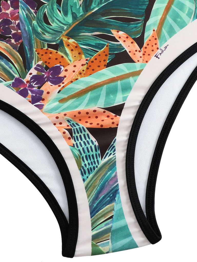 Bikini à bretelles larges motif plantes des années 1940