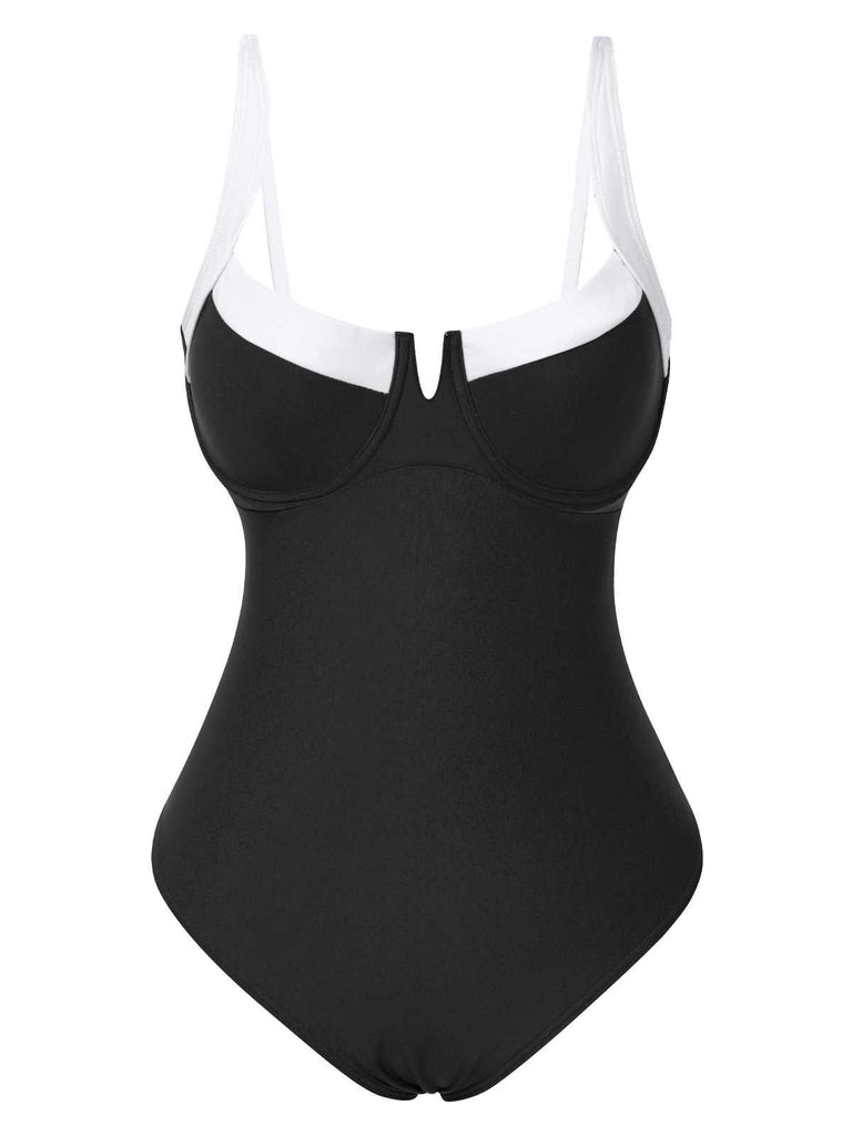 Maillot de bain une pièce à bretelles colorblock des années 1980