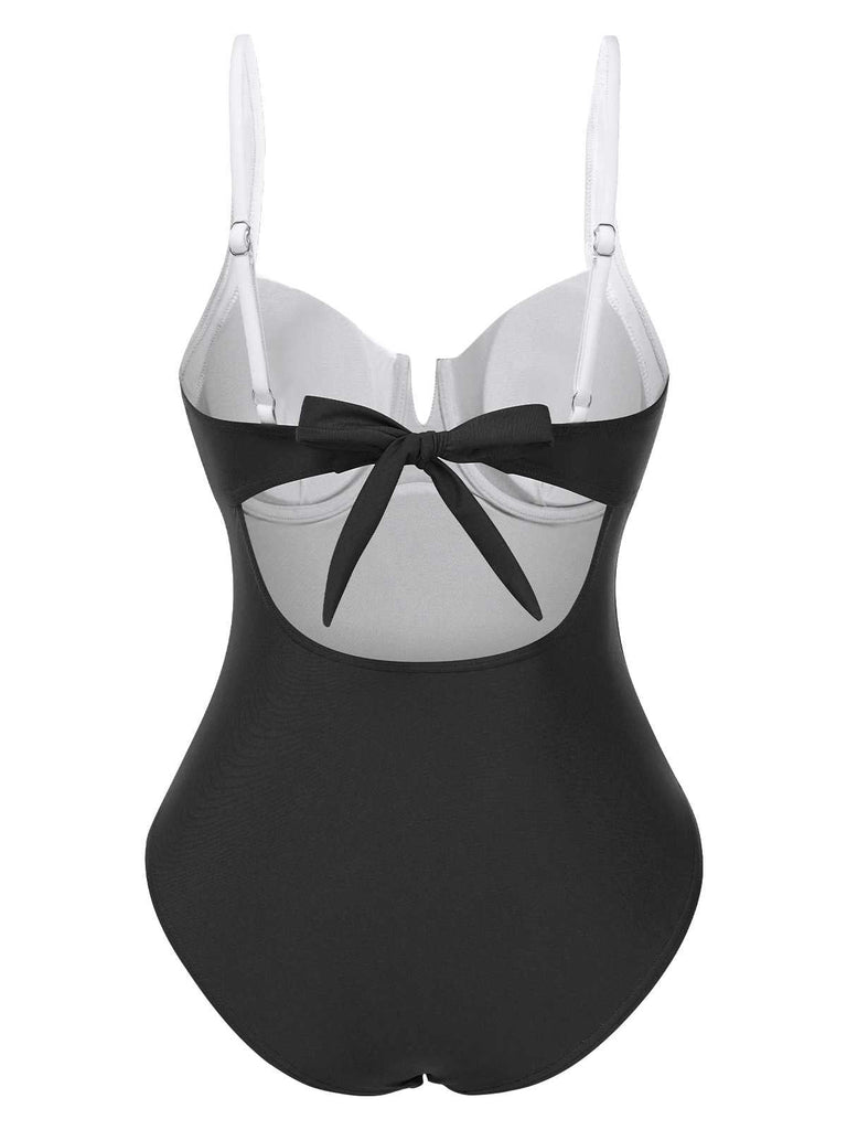 Maillot de bain une pièce à bretelles colorblock des années 1980