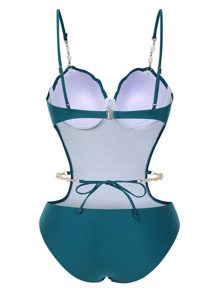 Maillot de bain ajouré à bretelles coquillages bleu sarcelle des années 1960