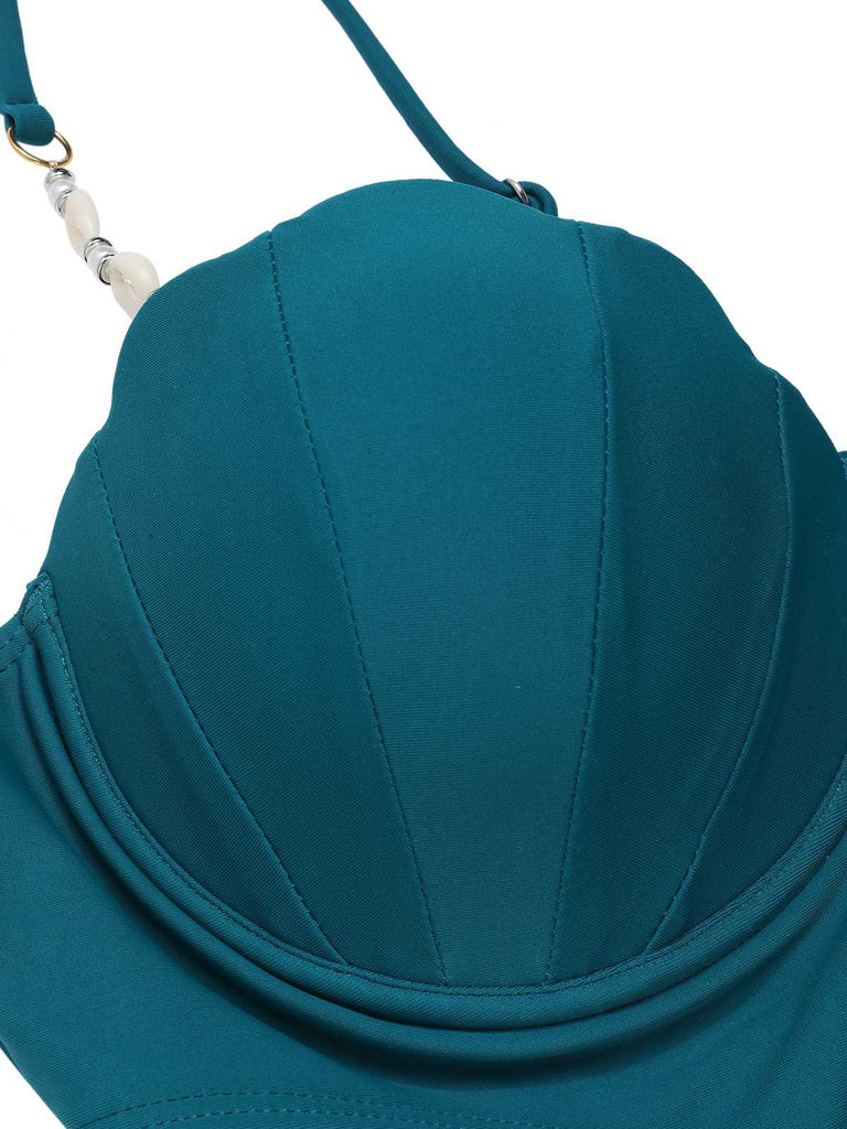 Maillot de bain ajouré à bretelles coquillages bleu sarcelle des années 1960
