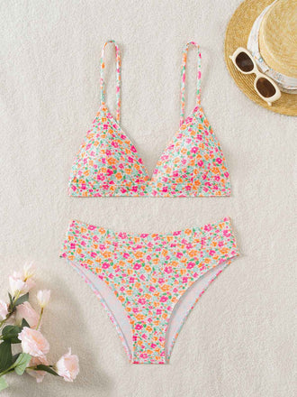 Ensemble bikini multicolore à petites fleurs liens dans le dos années 1950