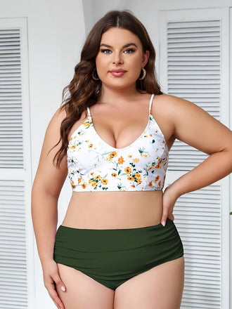 [Grande Taille] Ensemble bikini fleuri à lacets vert années 1950