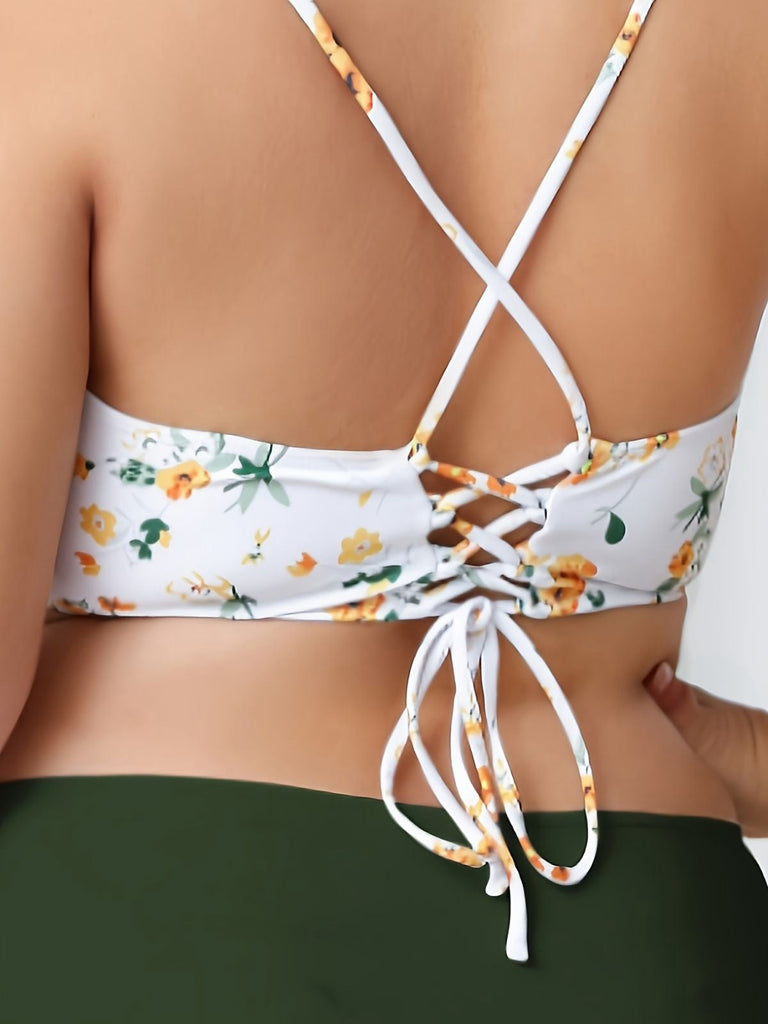 [Grande Taille] Ensemble bikini fleuri à lacets vert années 1950
