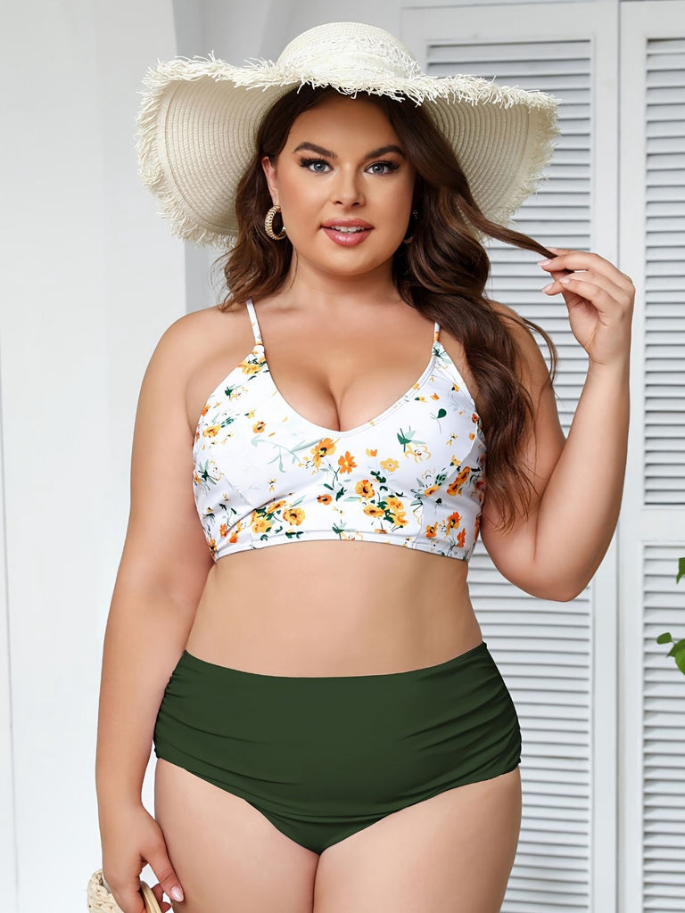 [Grande Taille] Ensemble bikini fleuri à lacets vert années 1950