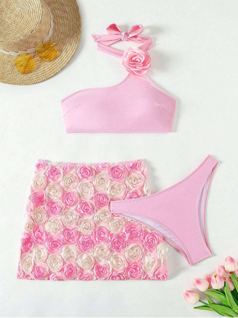 Ensemble bikini dos nu et cache-maillot rose roses 3D années 1960