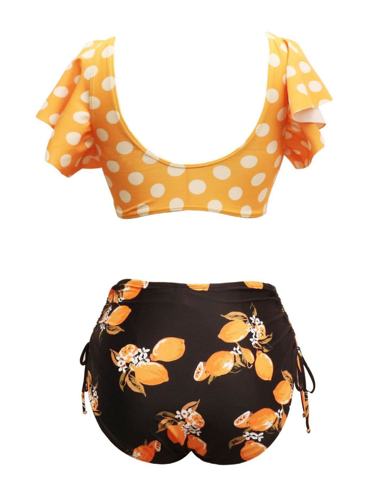 Ensemble bikini à volants orange à pois citron des années 1950