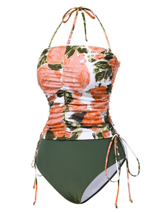Maillot de bain dos nu à fleurs et cordon de serrage vert des années 1960